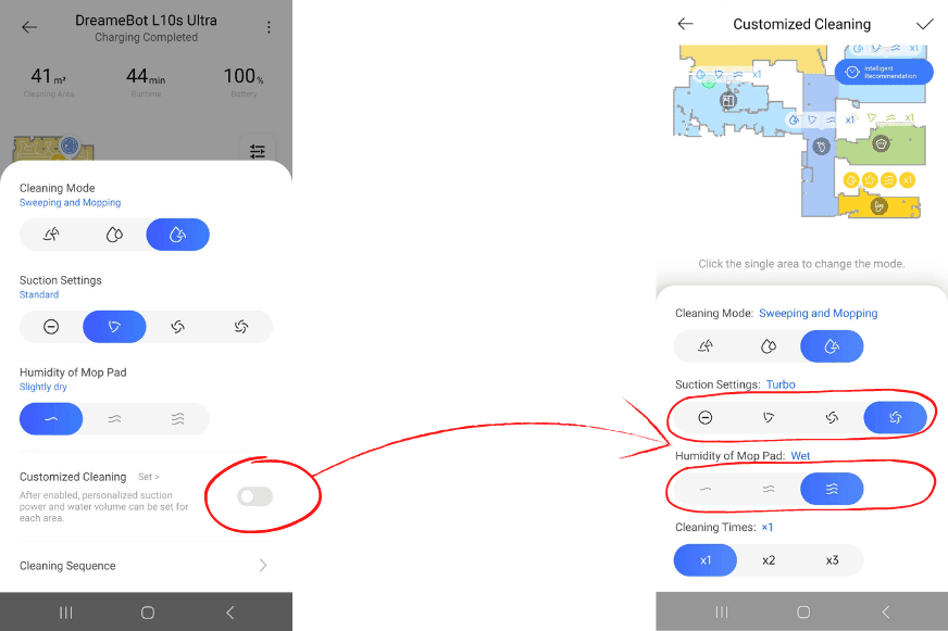 In der Dreame Home App wird die Wasserintensität eingestellt.